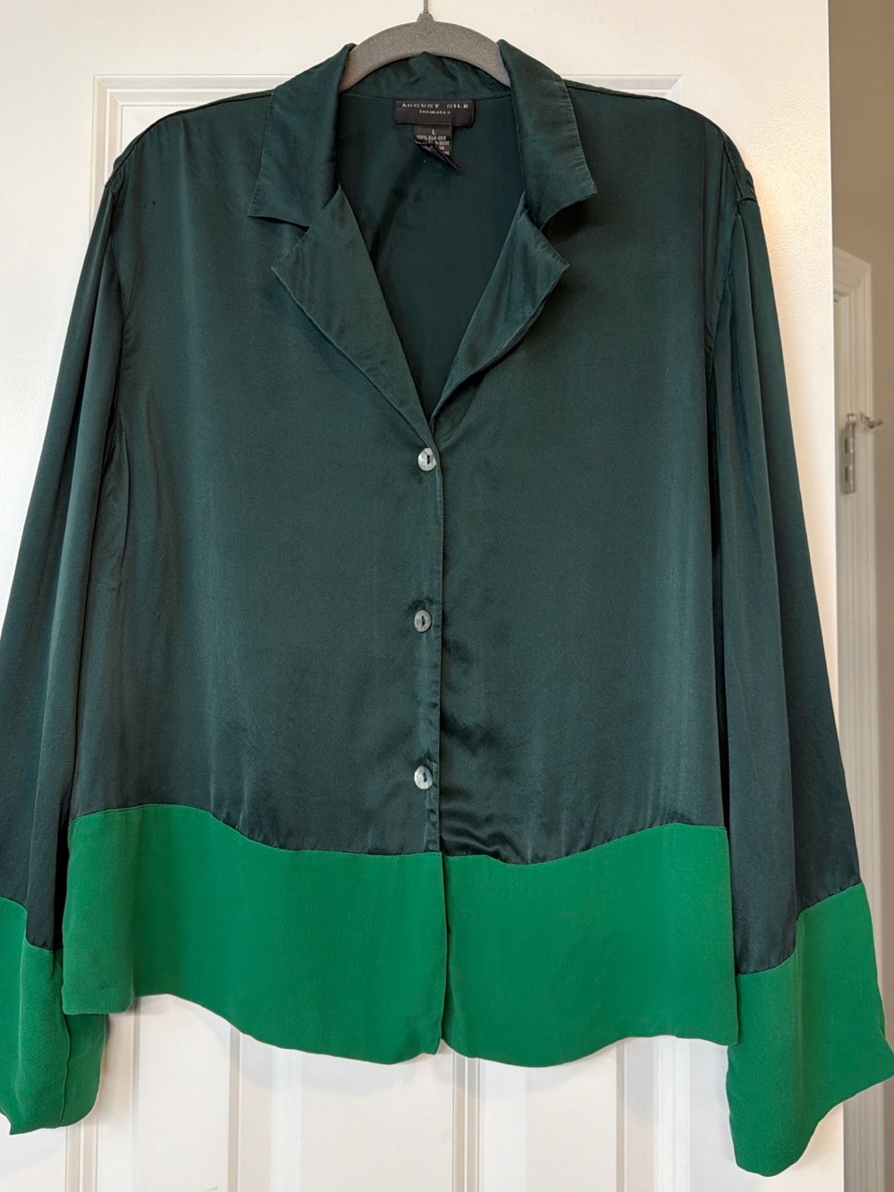 August Silk Two-Tone Dark Teal and Bright Green Satin Button-Down Shirt